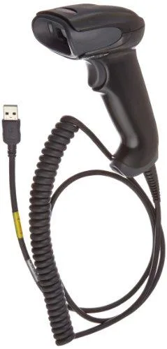 Black handheld laser barcode scanner with coiled USB cable