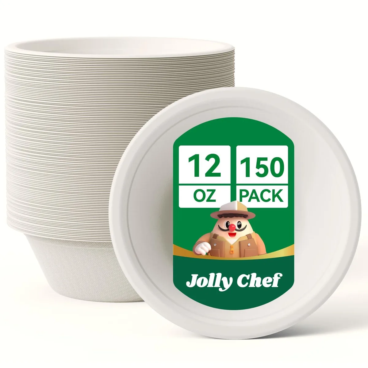 Pack of 150 round brown and red 12 oz bagasse bowls