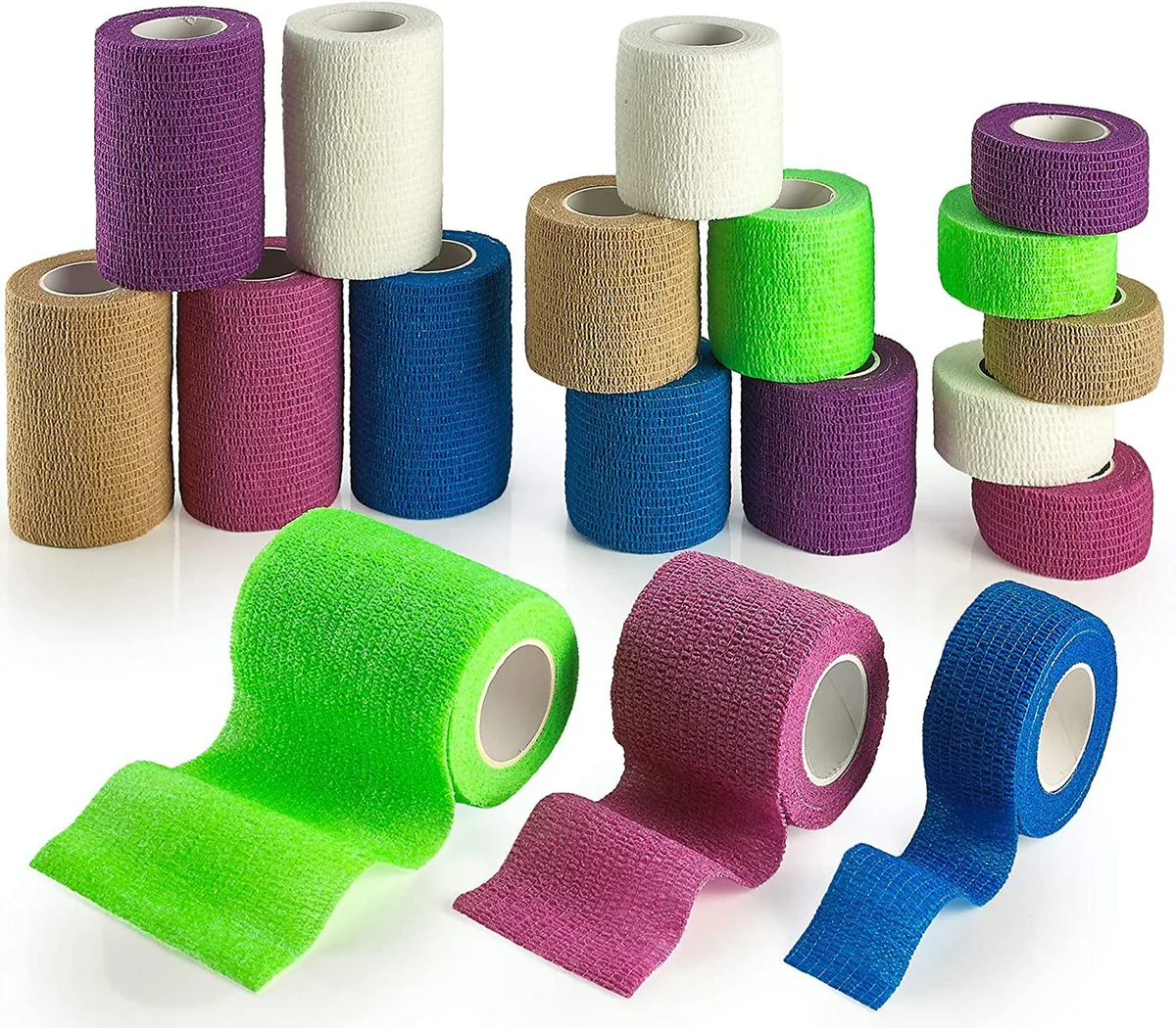 Eighteen self-adhesive cohesive bandage rolls in assorted rainbow colours and three widths