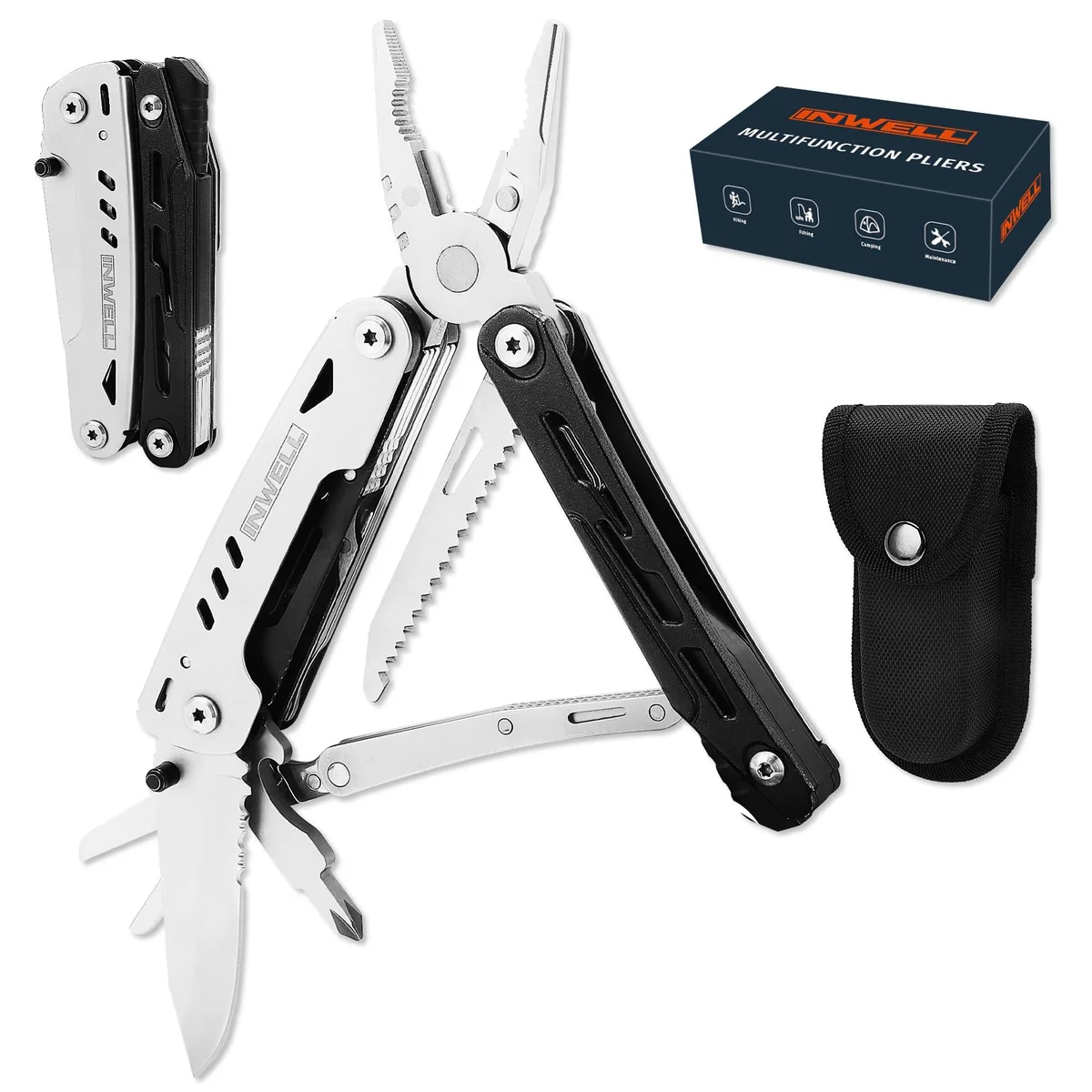 Stainless steel 12-in-1 multitool plier, folded 4.13 inches, silver finish