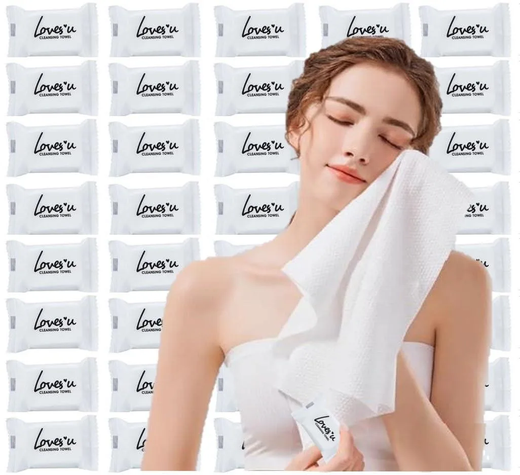 White compressed cotton washcloth tablets in a pack of 40