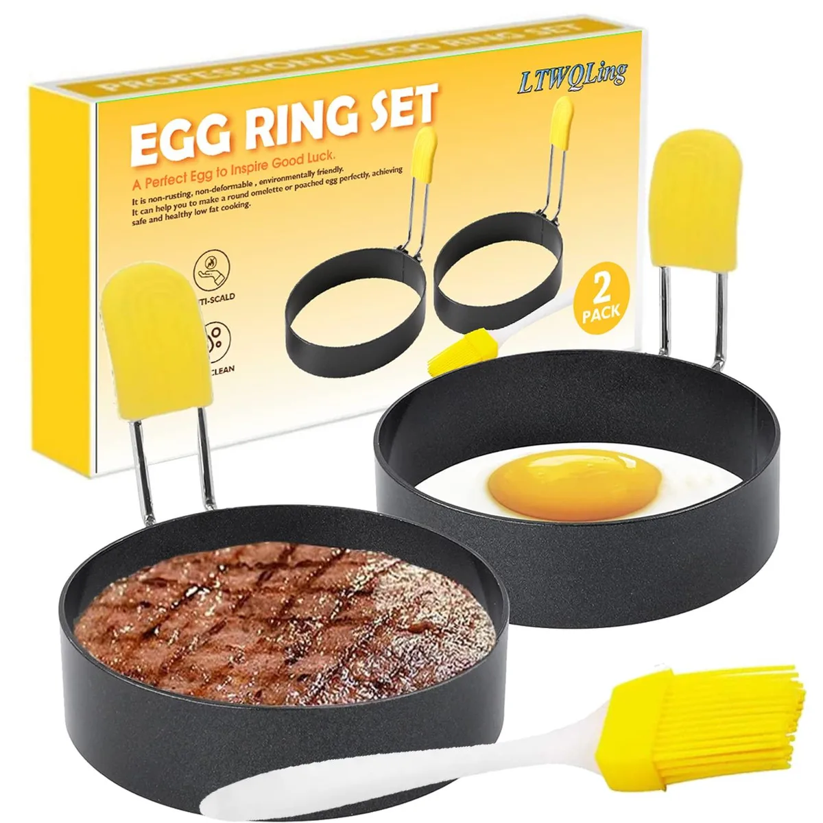 Two silver stainless steel egg rings with folding handles and silicone grips