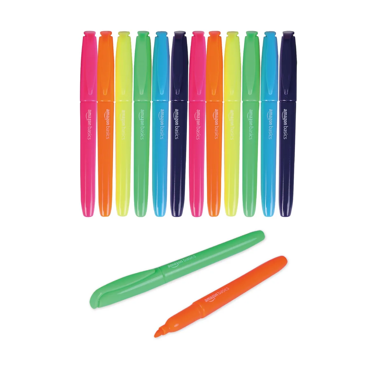 Twelve chisel-tip highlighters in assorted fluorescent colours, slim barrels with clips and caps