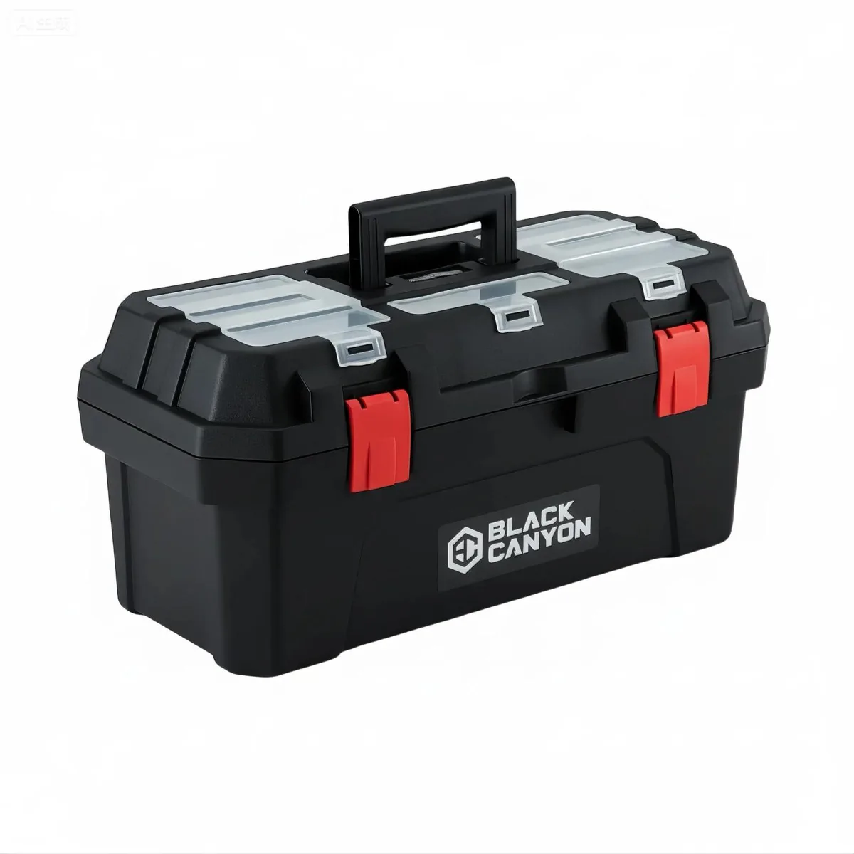 Black plastic tool box with dual-layer storage and ergonomic handle