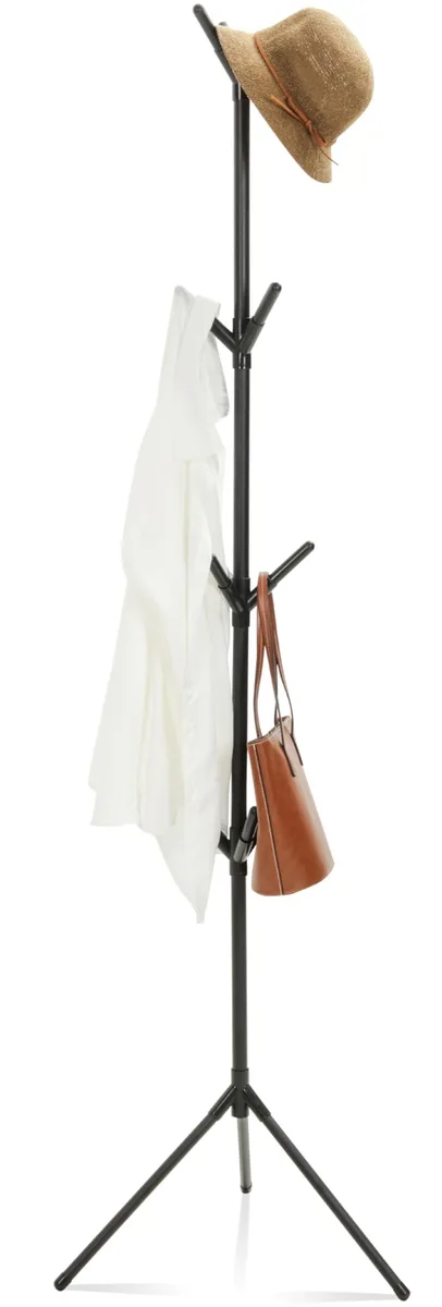 Black freestanding coat rack with twelve hooks and glossy iron finish