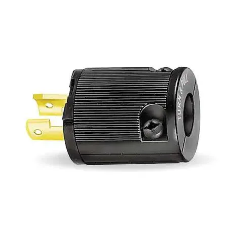 Small black nylon locking plug with two straight blades and hinged screw-terminal housing