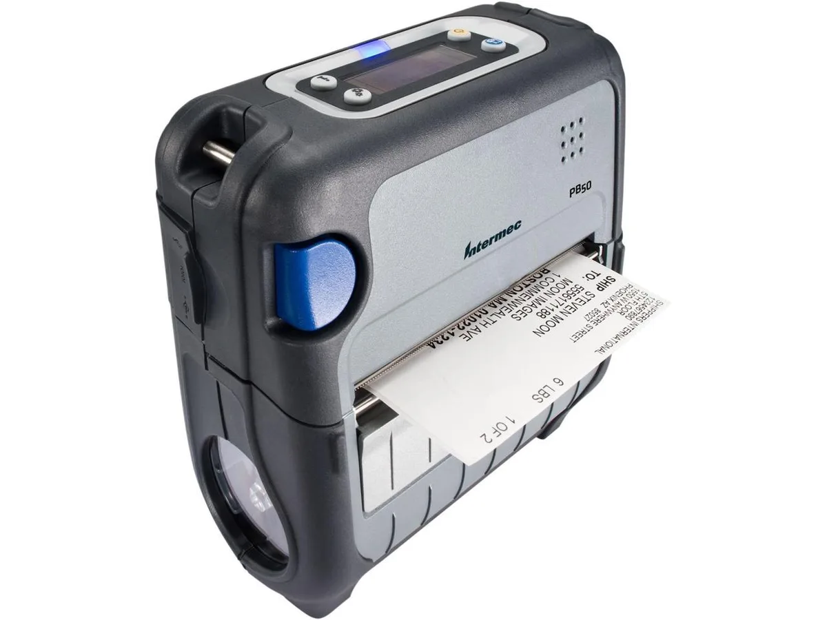 Compact thermal label printer in dark grey plastic housing