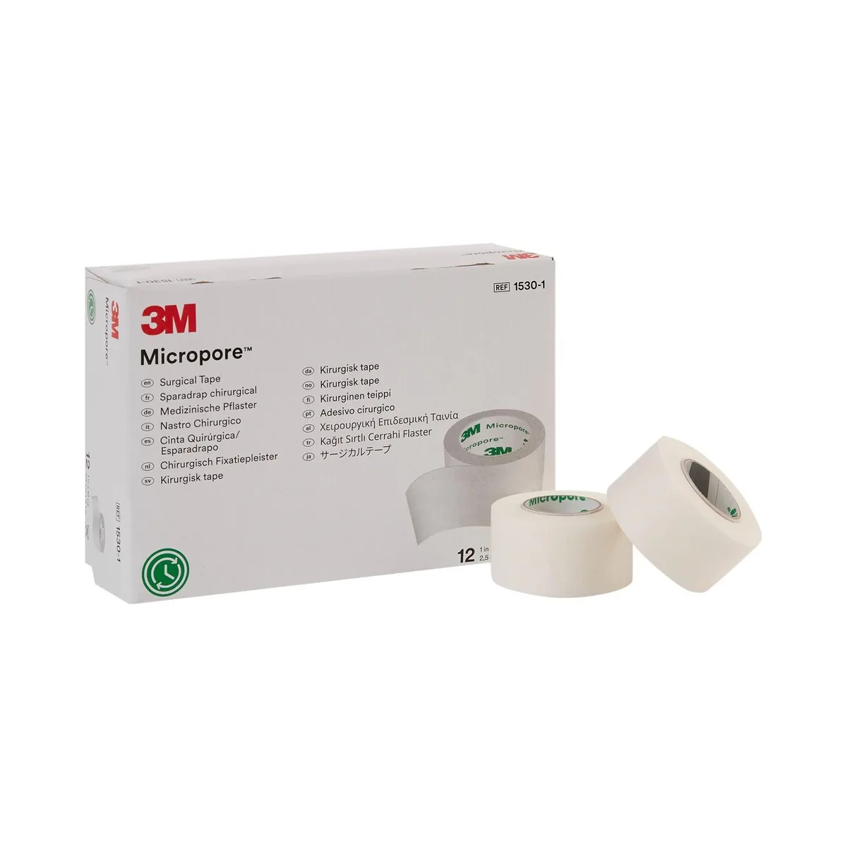 Twelve white surgical tape rolls in a carton