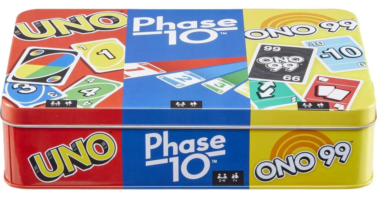 Black storage tin holding UNO Phase 10 and ONO 99 card decks