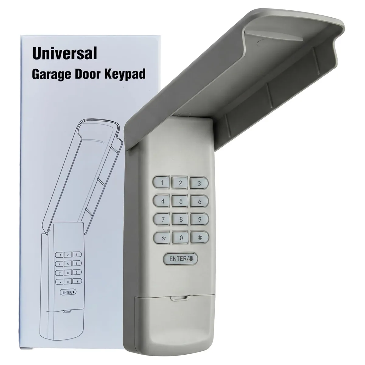Rectangular wireless garage door keypad with flip cover and backlit buttons