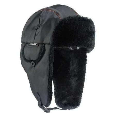 Black trapper hat with ear flaps, Thinsulate lining, adjustable chin strap, reflective accents
