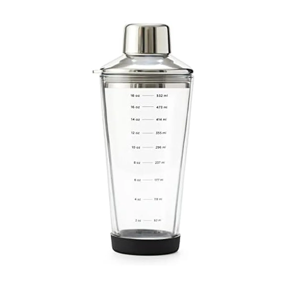 Clear glass cocktail shaker with etched measurements, stainless steel topper with jigger cap and strainer, silicone base boot