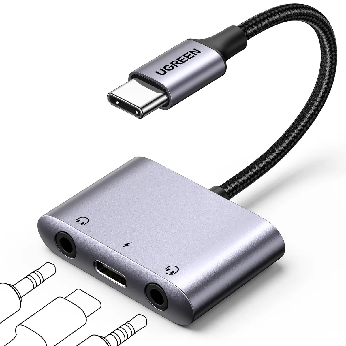 Grey USB-C adapter with two 3.5 mm jacks and a USB-C port on a braided cable