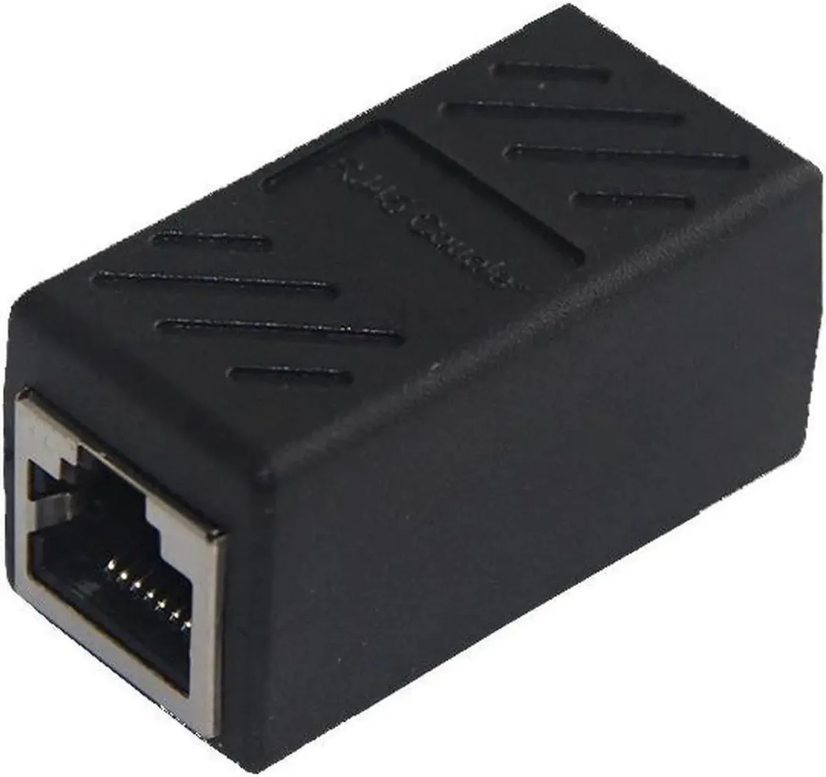 Shielded RJ45 female-to-female coupler, compact rectangular metal body, gold contacts visible