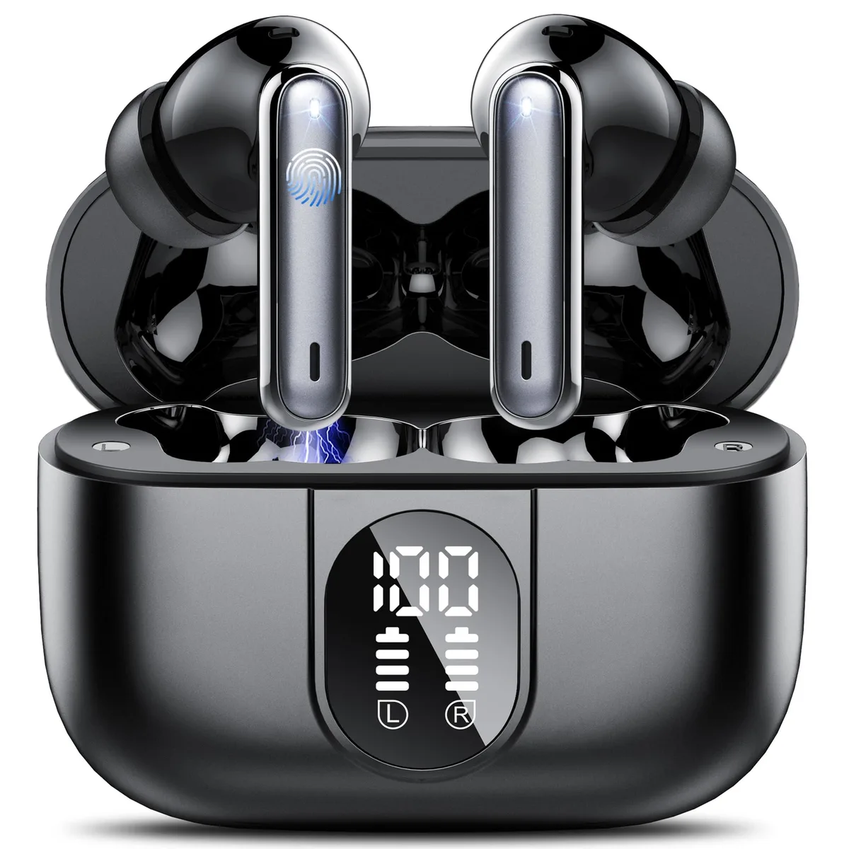 White in-ear earbuds in charging case, Bluetooth 5.3