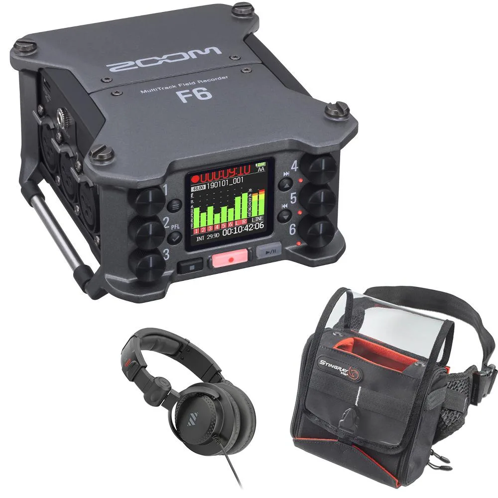 Zoom F6 field recorder in K-Tek Stingray bag with Polsen studio headphones