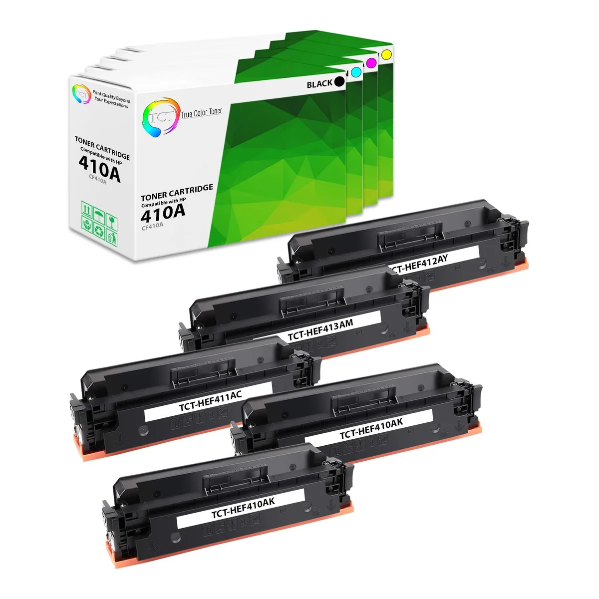 True Color Toner True Color Toner 410A 5-pack toner cartridges (CF410A, CF411A, CF412A, CF413A) — product photo