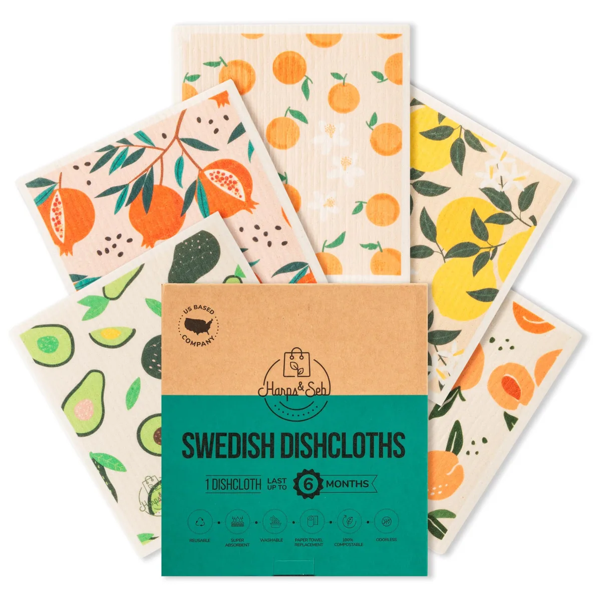 Five square white cloths with fruit print, folded flat