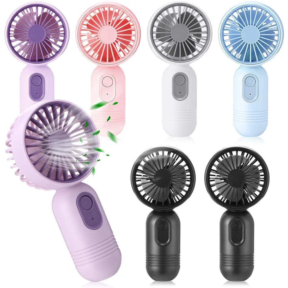 Six multicolour handheld fans with painted blades and matte plastic bodies