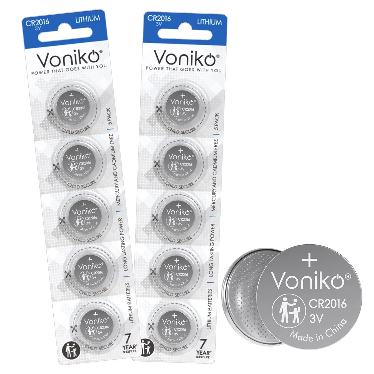 Ten coin cells in child-resistant blister packaging