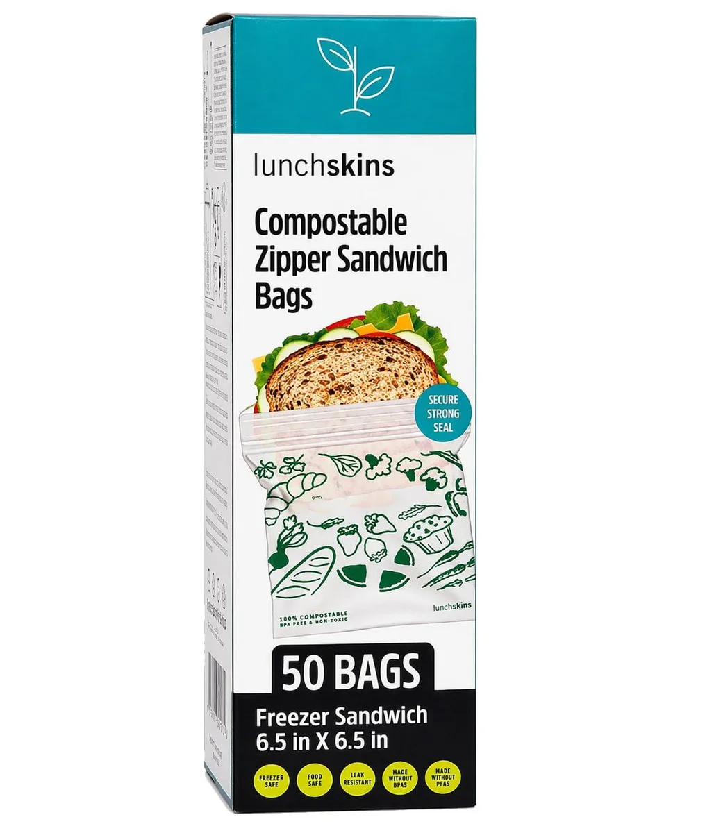 White compostable sandwich bags with zip closure in 50-count pack