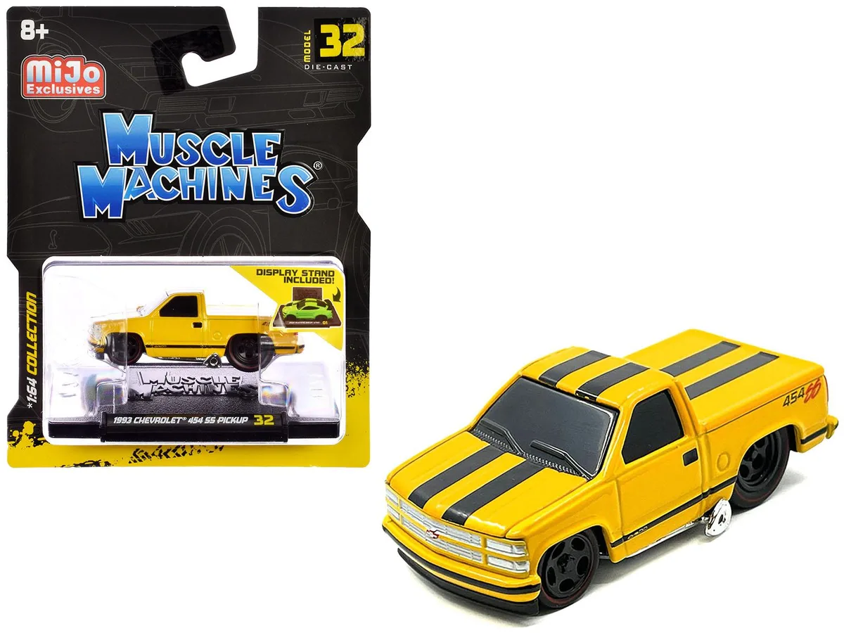 Muscle Machines Muscle Machines 1993 Chevrolet 454 SS Pickup Truck Yellow with Black Stripes 1/64 hobby collectible — product photo