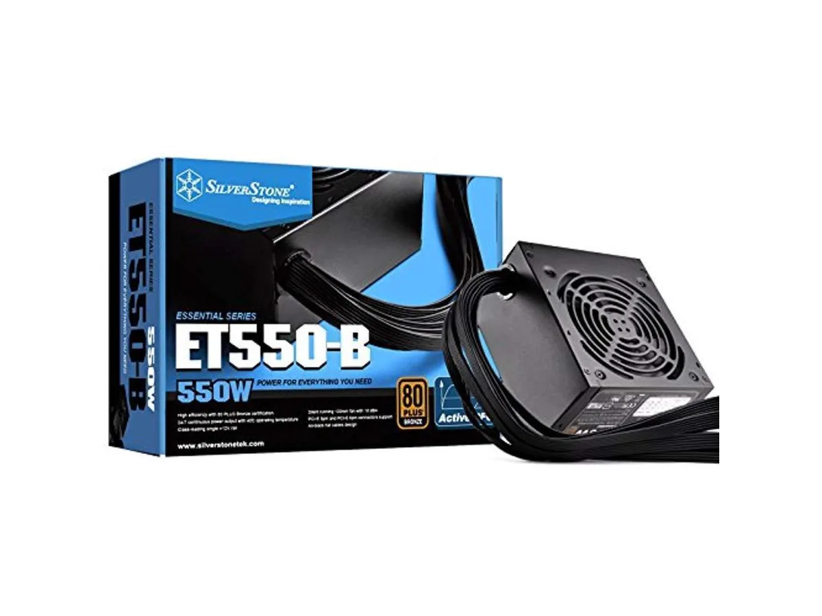 Rectangular ATX power supply with matte black finish and flat black cables, 120mm fan visible