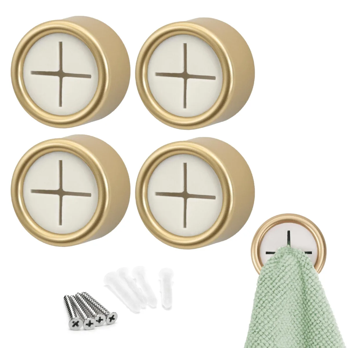 Four round brushed-gold adhesive hooks 1.7 inches wide