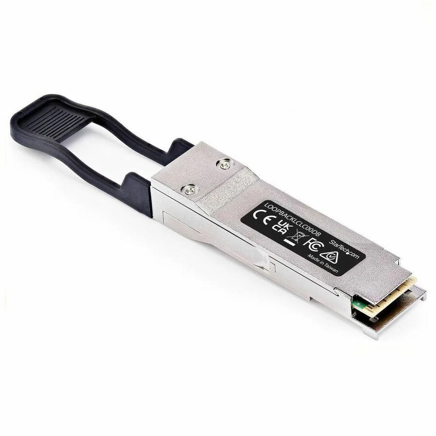 Small rectangular QSFP28 module with metallic finish and pull tab