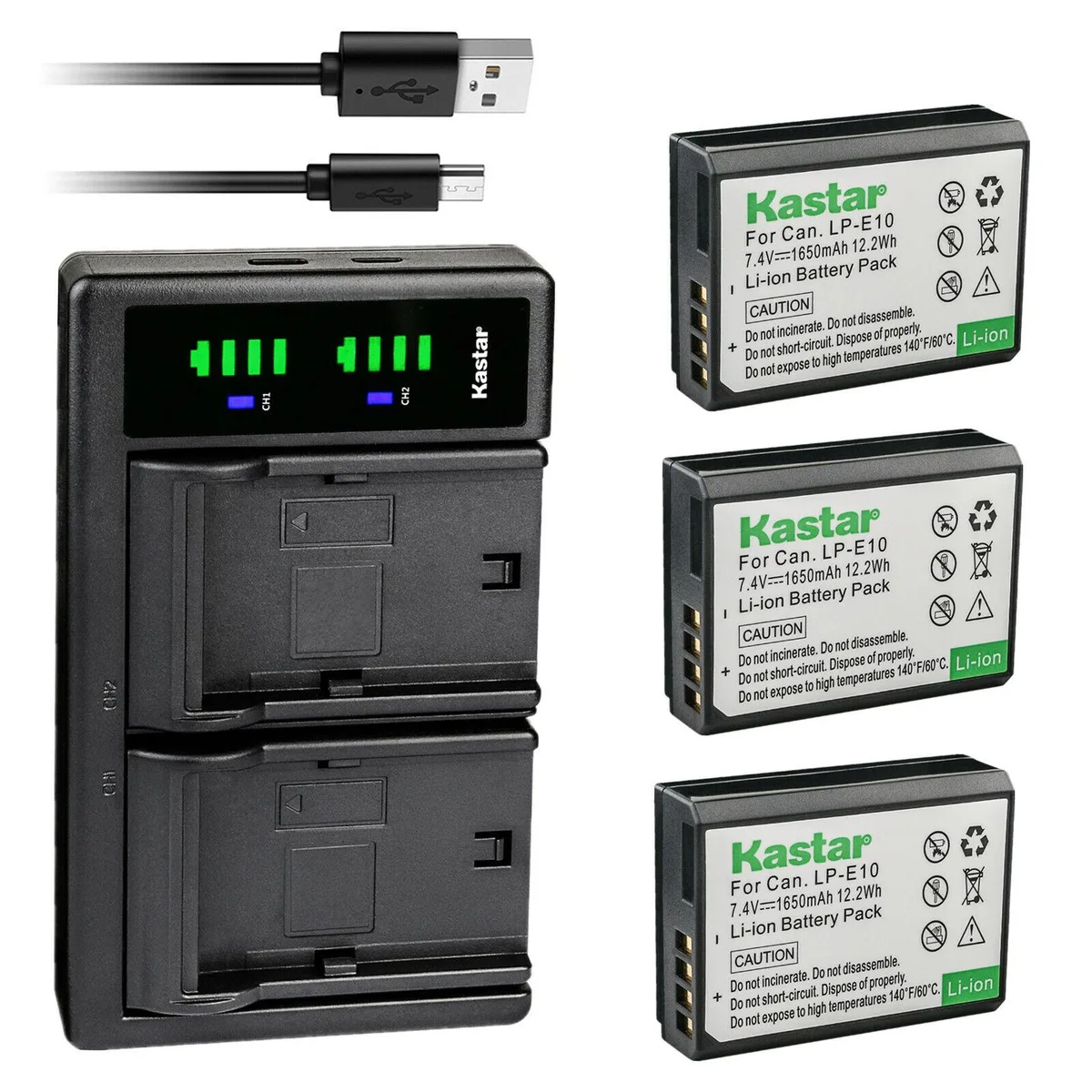 Three Kastar LP-E10 batteries and a dual-slot USB charger with LCD screen