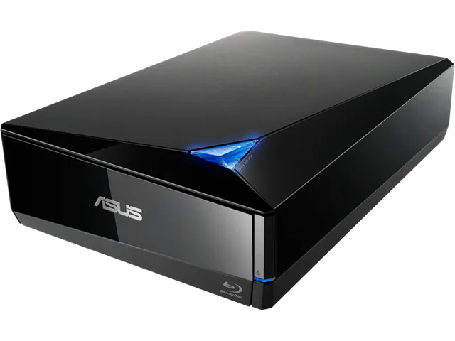 Black rectangular external Blu-ray drive with horizontal slot and USB Type-A cable