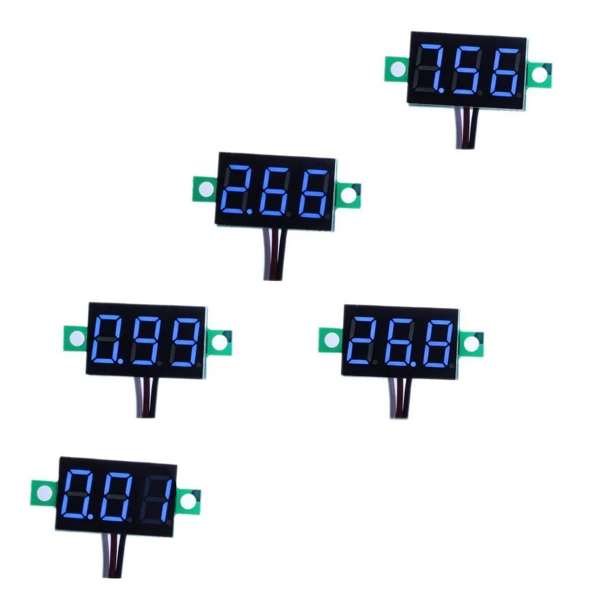 Five small rectangular blue LED voltmeter panels with three wires each