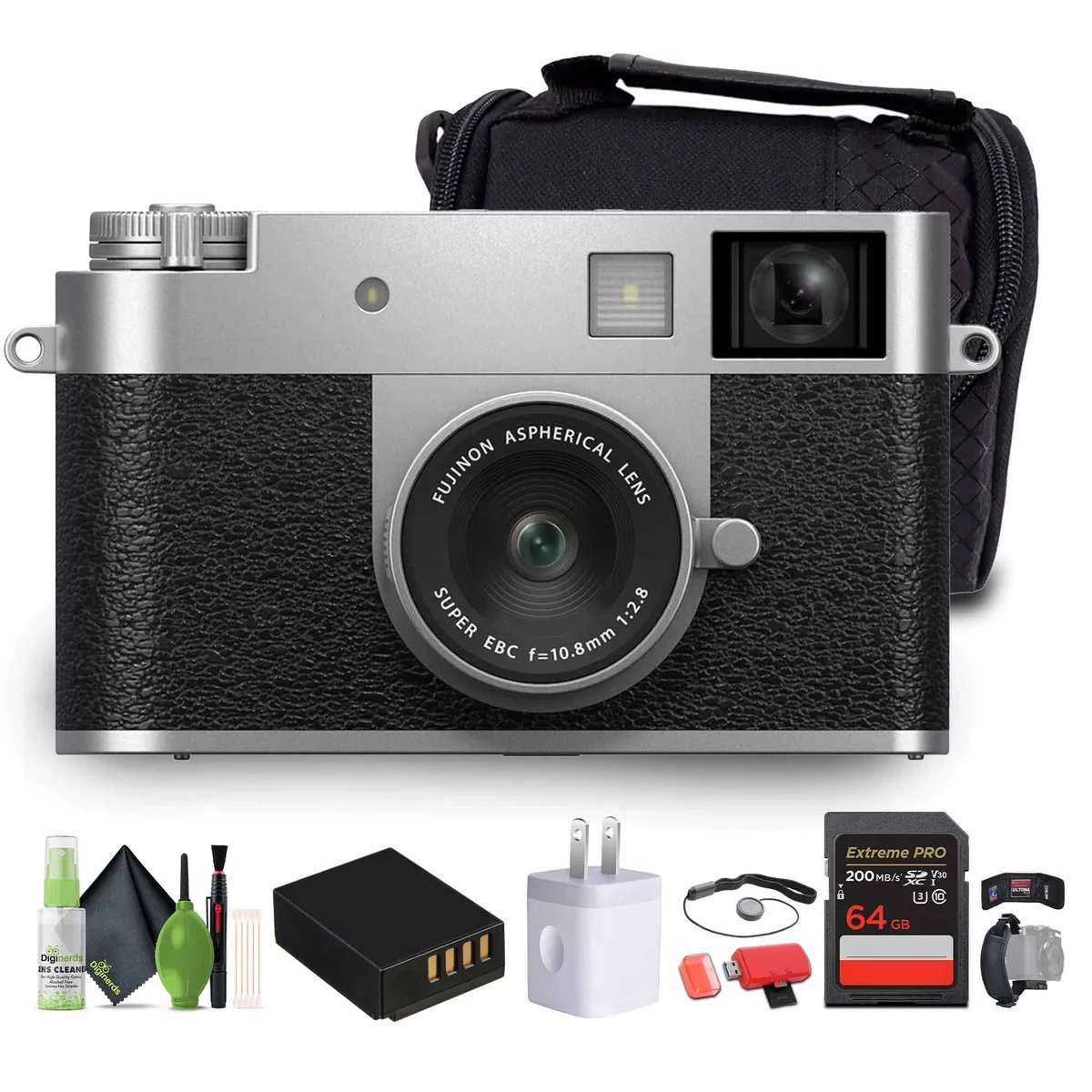 FUJIFILM FUJIFILM X Half Digital Camera Kit Silver 18MP 1" 32mm f/2.8 13 Film Sims 64GB Card Soft Case — product photo