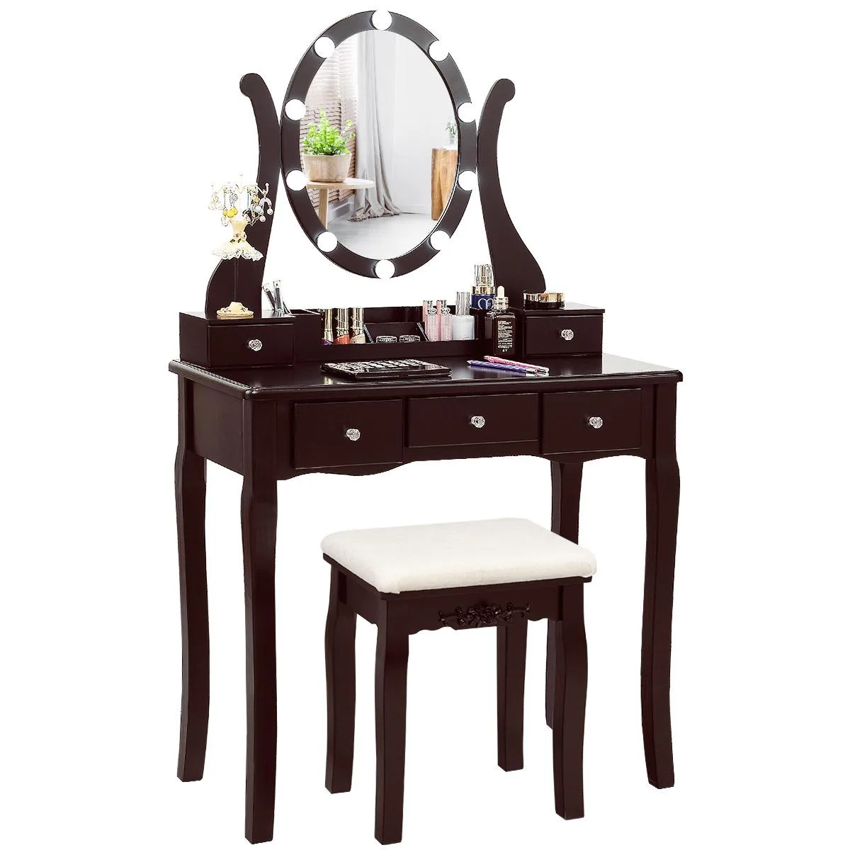 Costway Costway Vanity Table Set 10 Bulbs Touch Switch Brown — product photo
