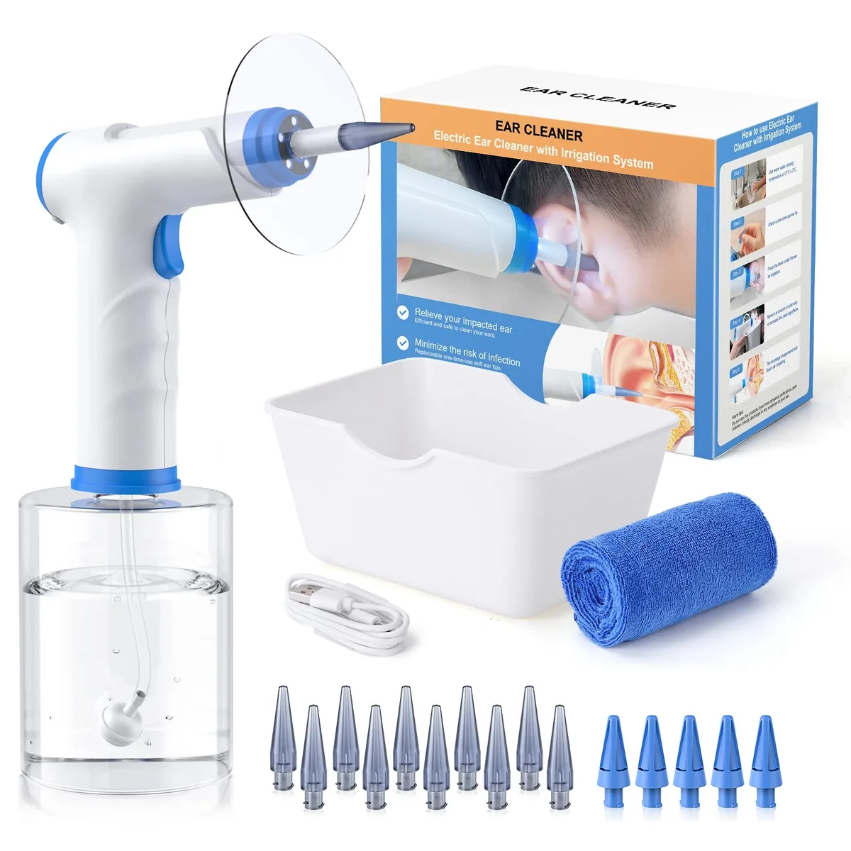 Blue electric ear irrigator kit with 500ml bottle, basin, ten tips and Type-C cable