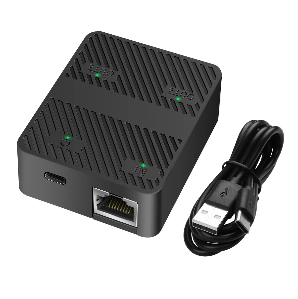 Vszerda Vszerda Ethernet Splitter 1 in 2 Out 100Mbps RJ45 USB-C Power (Black) — product photo
