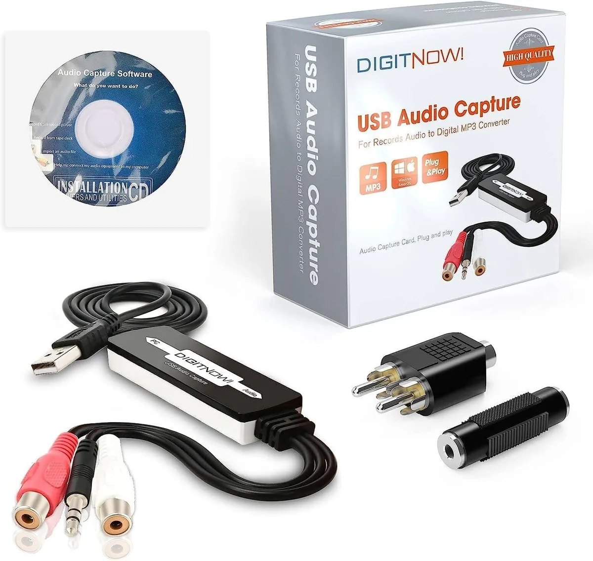 Small black USB 2.0 audio capture dongle with 3.5 mm and RCA inputs