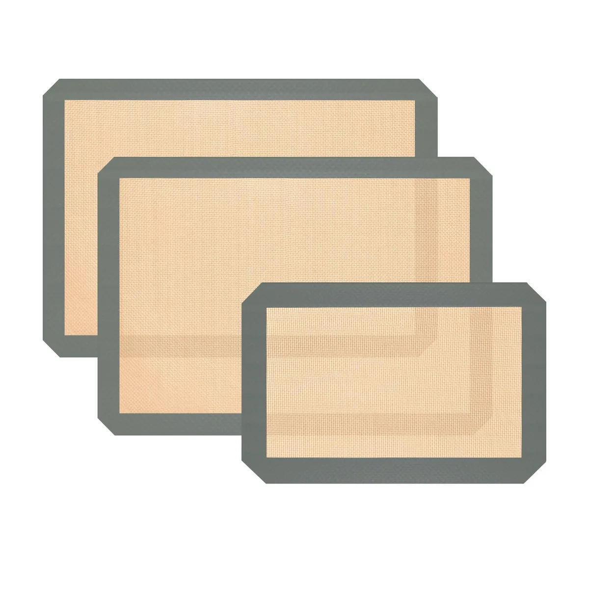 Three grey silicone baking mats, two large and one small