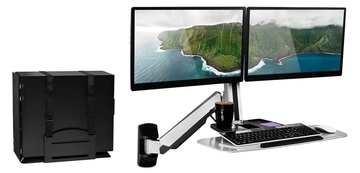 Mount-It Mount-It MI-7906 sit-stand wall workstation 19.9" height dual 27" monitors office furniture — product photo