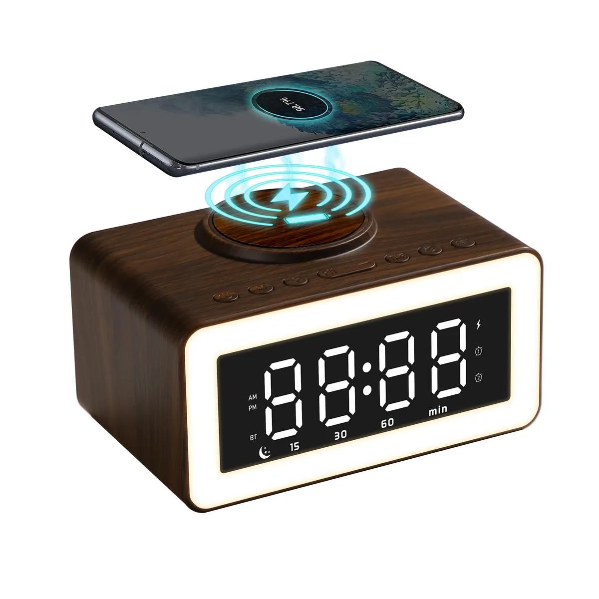 Rectangular black wooden clock with LED display and wireless charging pad