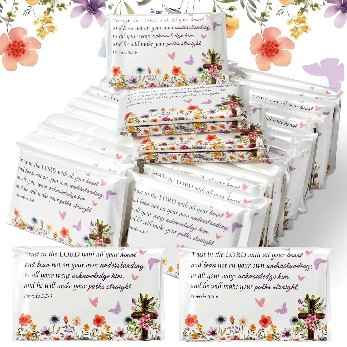 60 pocket tissue packs with floral scripture print, folded 4.9 by 3.1 inches