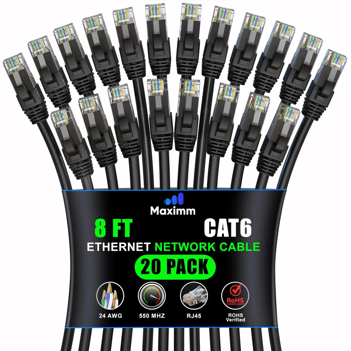 Twenty black Cat 6 Ethernet cables with gold RJ45 connectors coiled together