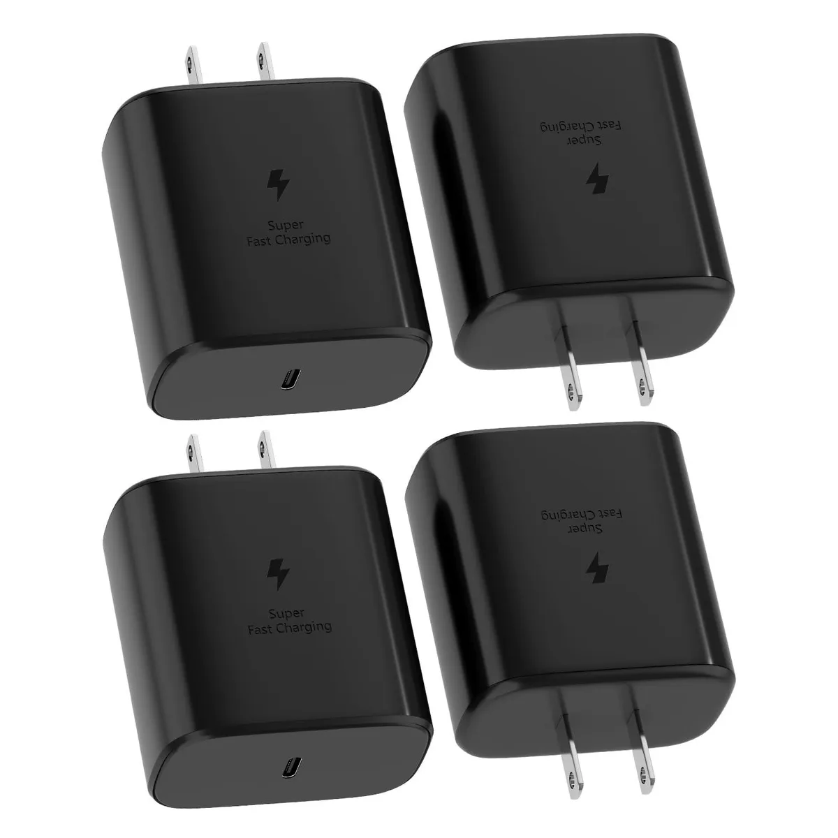 Compact white USB-C wall charger with folding prongs, 1.85in by 1.65in