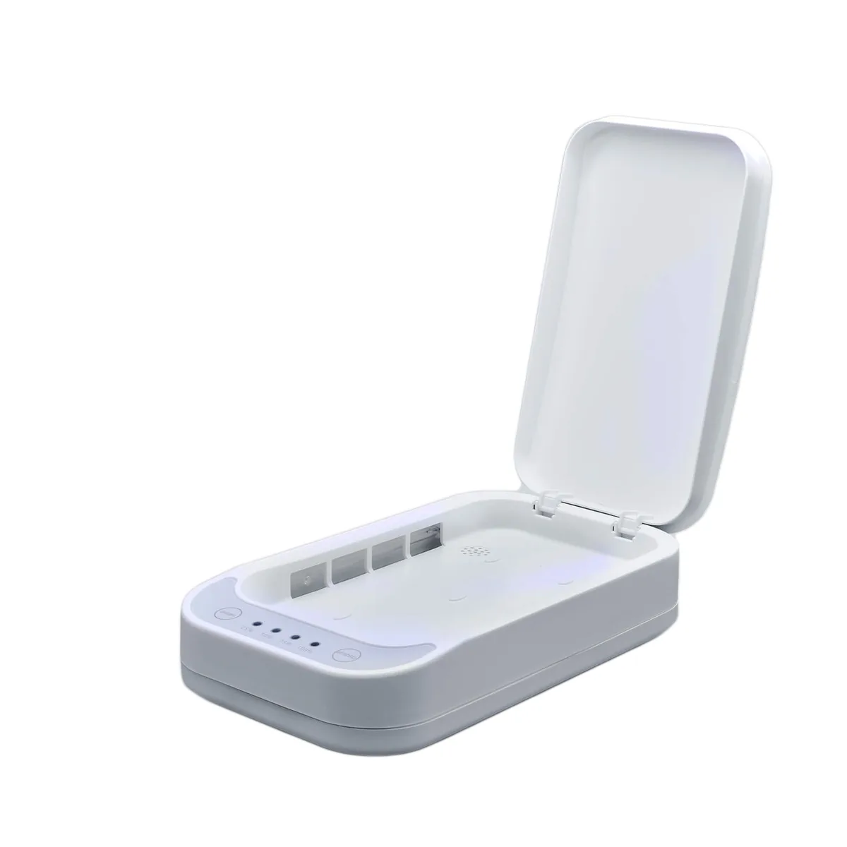 White rectangular UV sanitizer box with rounded edges, two buttons on front, interior lamp visible