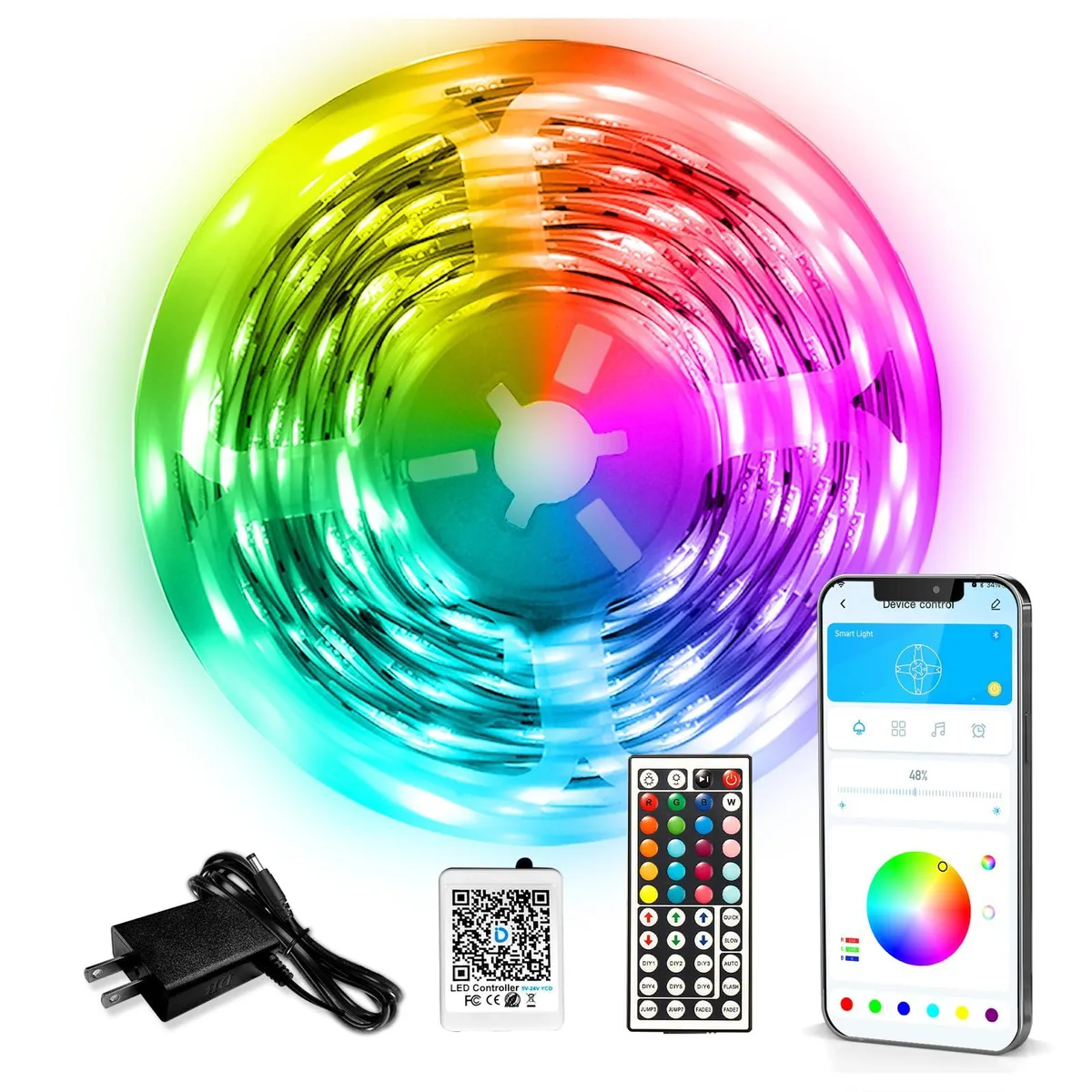 Flexible copper-finish LED strip on a single 110ft roll, with inline controller and IR remote
