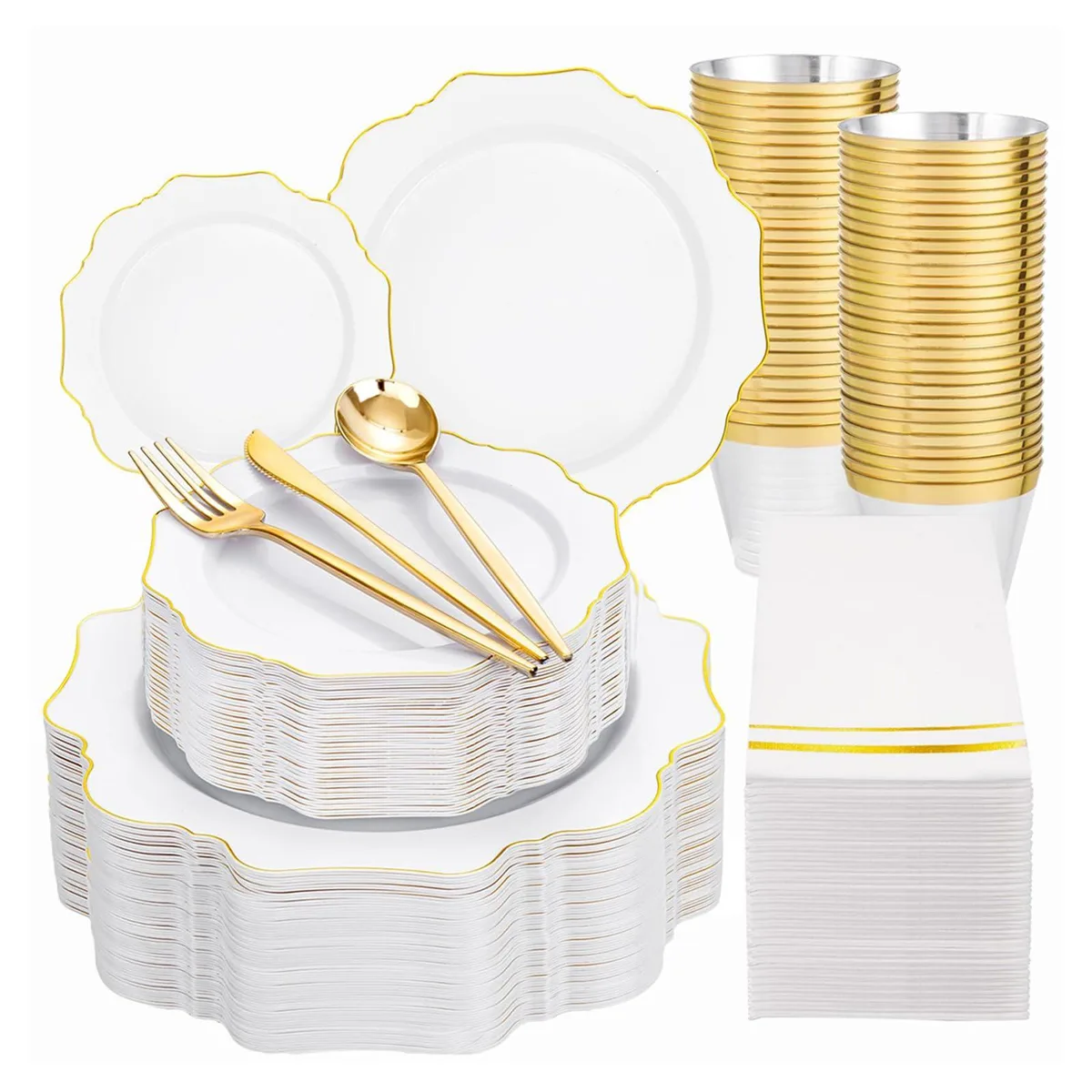 White and gold disposable dinnerware set with plates, cups, cutlery and napkins for 50 guests
