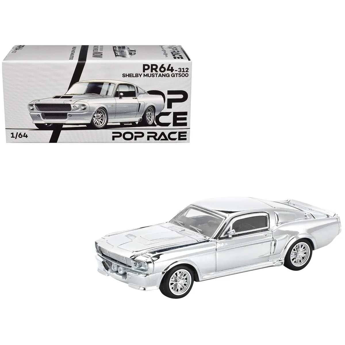 Pop Race Pop Race Shelby Mustang GT500 Silver Chrome 1/64 Diecast hobby collectible — product photo