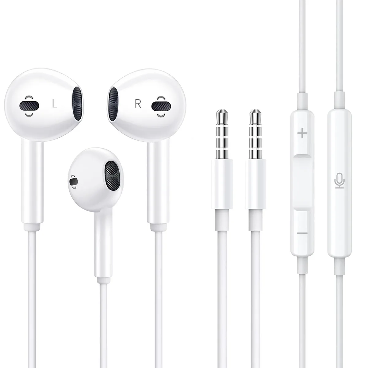 Two pairs of white in-ear wired earbuds with inline microphone and volume control, 1.2 m cable ending in 3.5 mm plug