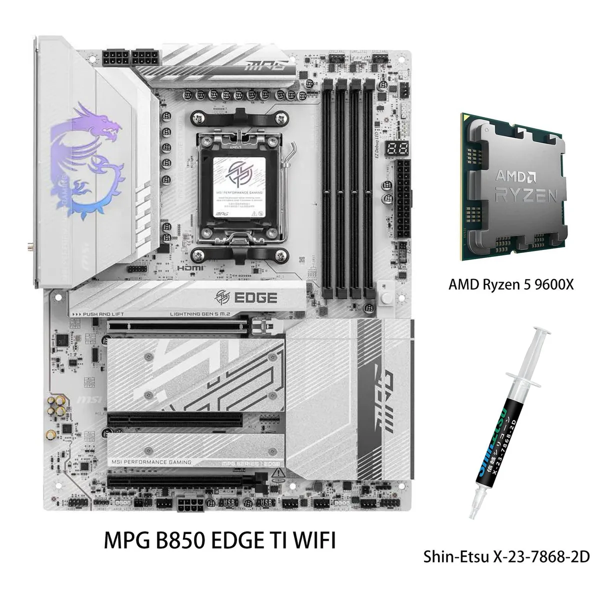 MSI MSI MPG B850 EDGE TI WIFI White AMD motherboard &amp; Ryzen 5 9600X CPU combo — product photo