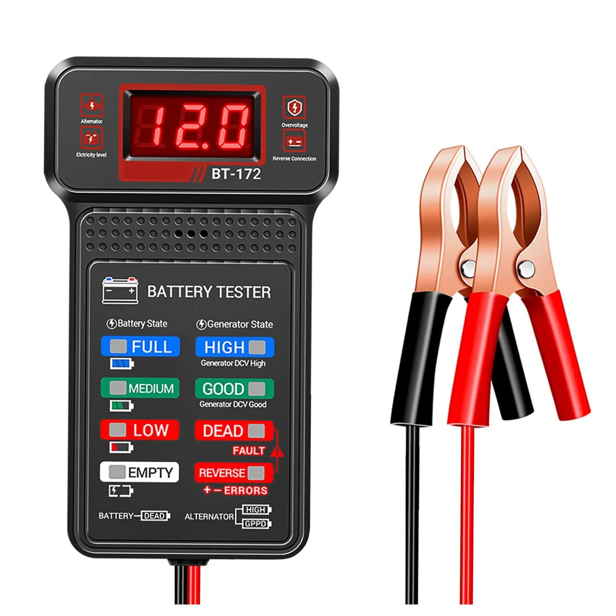 Handheld 12 V battery tester with LCD screen and colour LED indicators